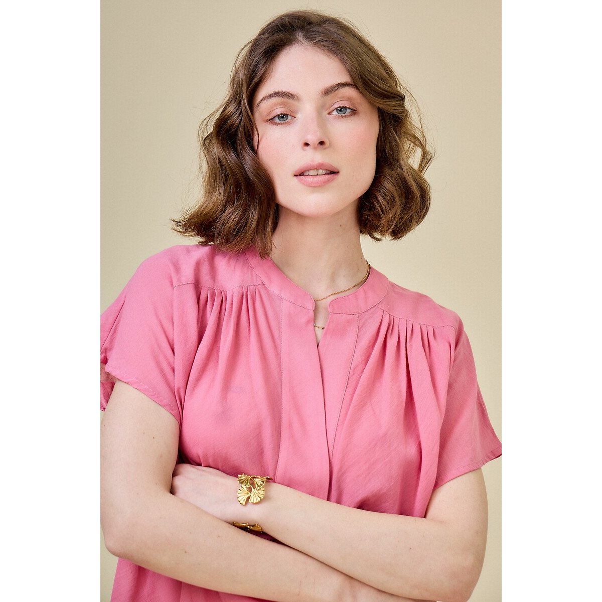 V-Neck Short Sleeve Blouse pink, SEE U SOON