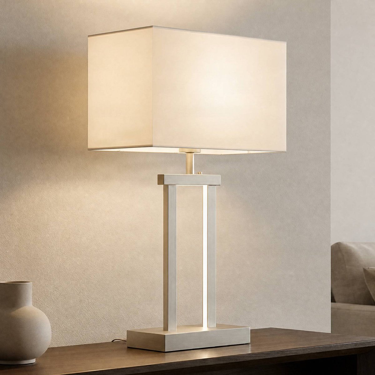 Lampe à poser en textile moderne, Sigurd blanc, nickel satiné, LINDBY