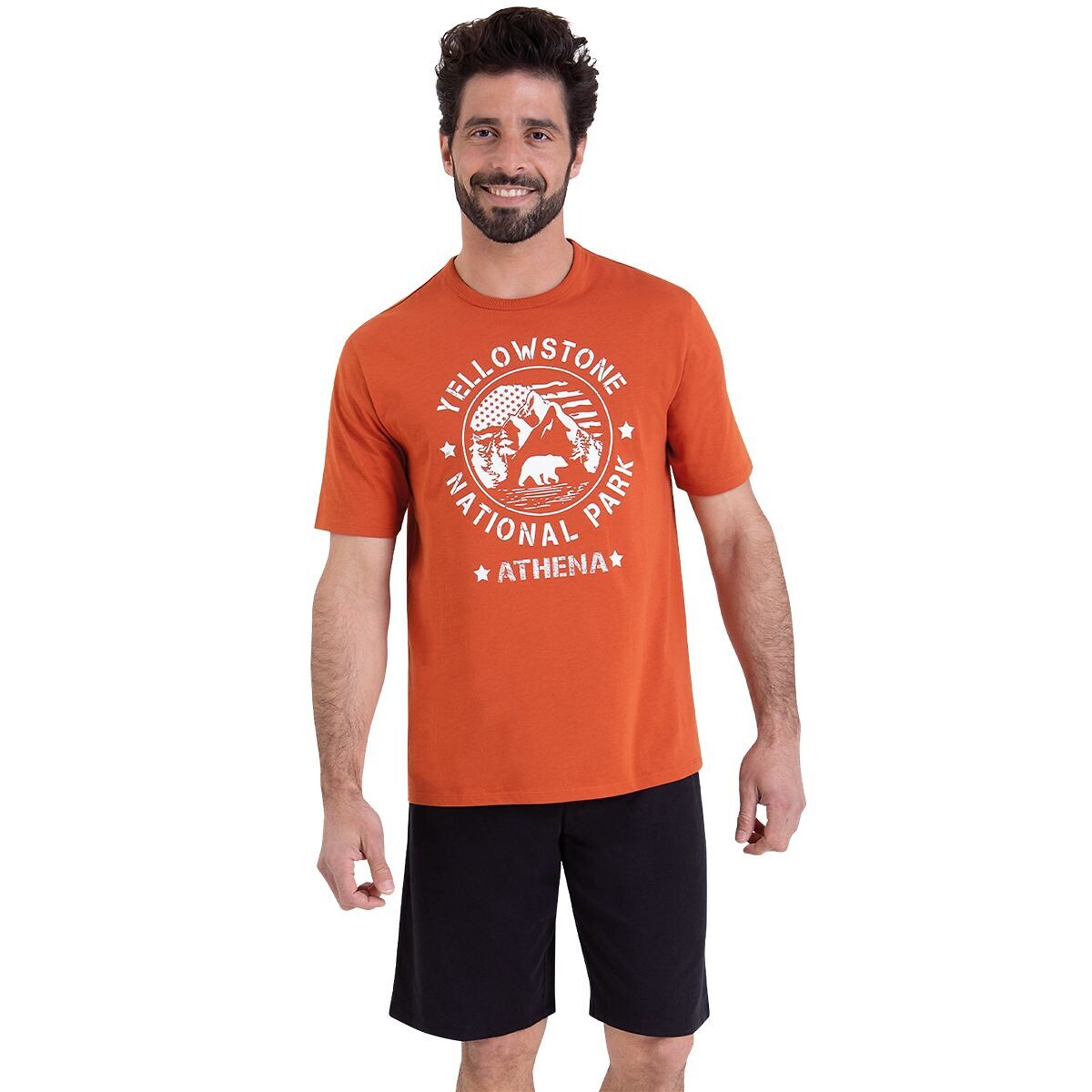 Pyjashort col rond en coton noir/terracotta, ATHENA
