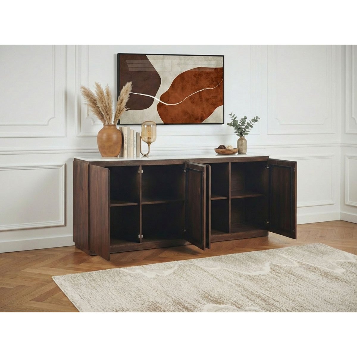 Buffet en bois massif 4 portes 200 cm, BARBARA marron foncé, BOBOCHIC