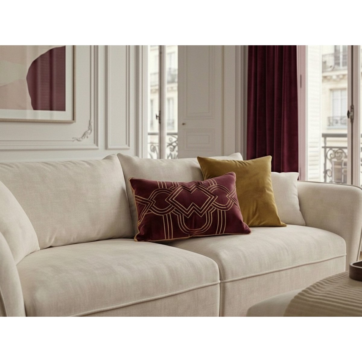 Canapé droit fixe 3 places en tissu texturé avec pouf, LUIGI blanc, BOBOCHIC