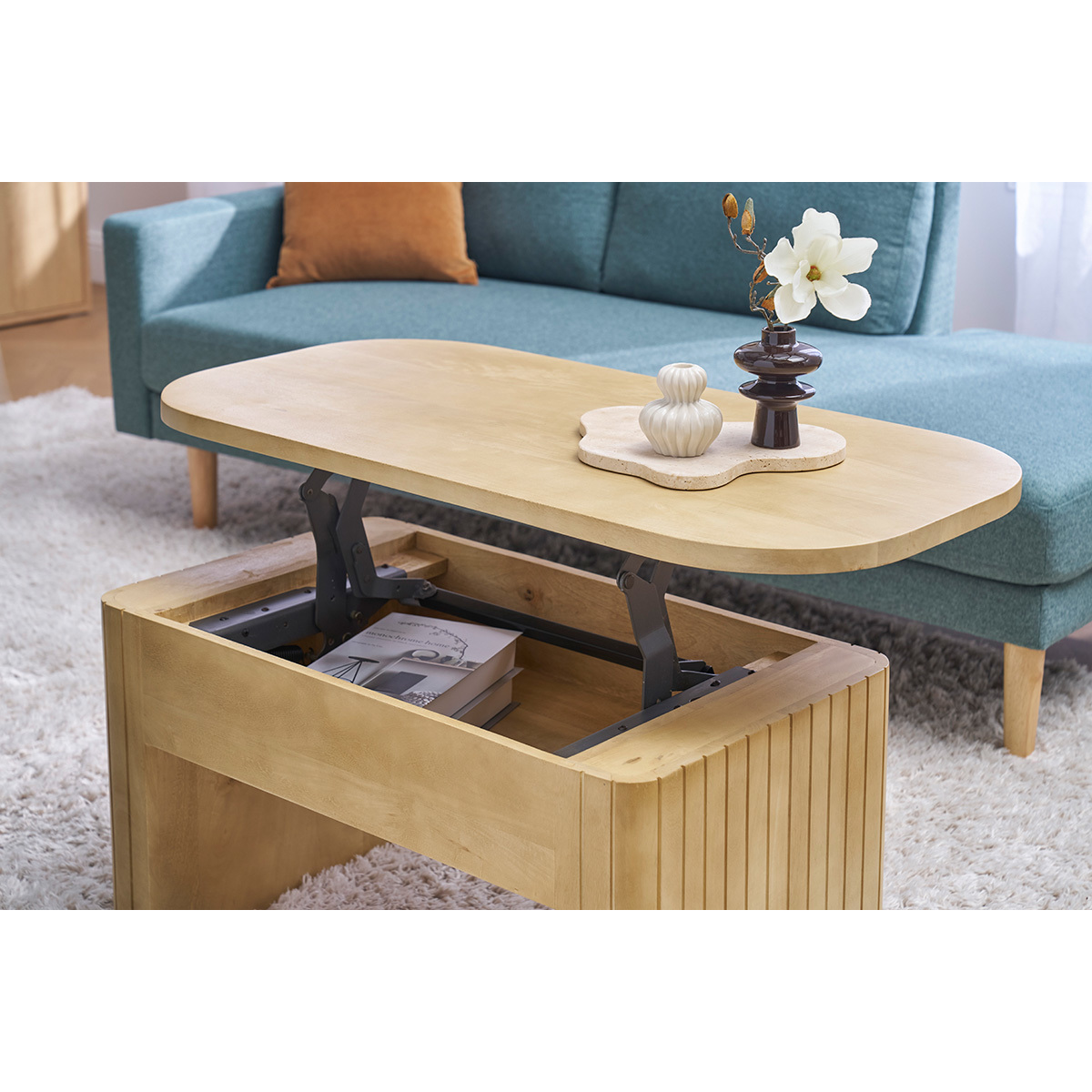 Table basse relevable rectangulaire bois manguier massif L100 cm LATIGO chêne clair, MILIBOO