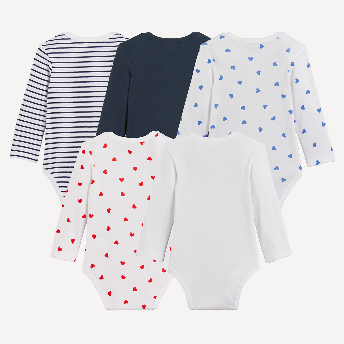 Lote de 5 bodis de manga larga con sisa americana, de algodón, con corazones azul marino + azul + beige, LA REDOUTE COLLECTIONS