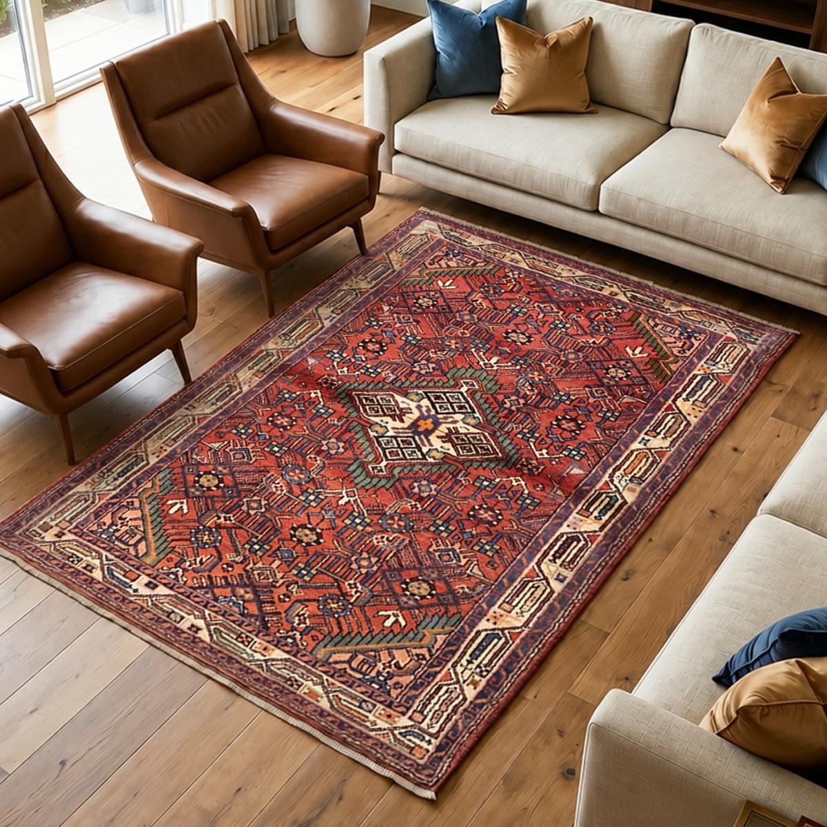 Tapis d'orient au motif oriental, noué à la main, HAMADAN 7 rouge, beige, bleu, UN AMOUR DE TAPIS