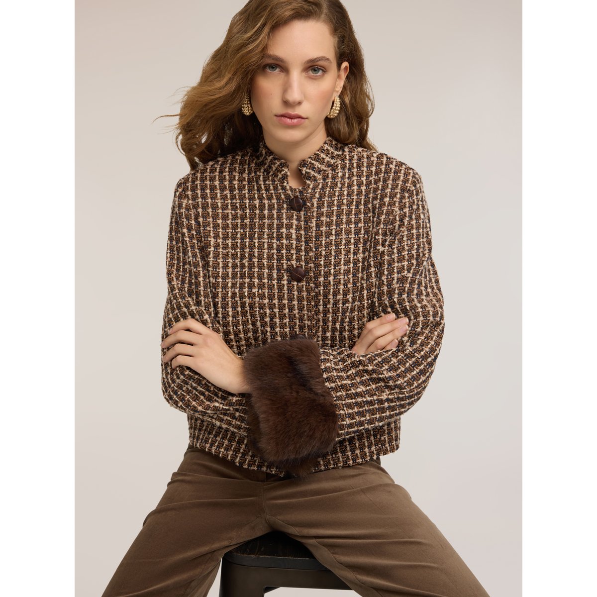 Veste courte à motif check marron, MOTIVI