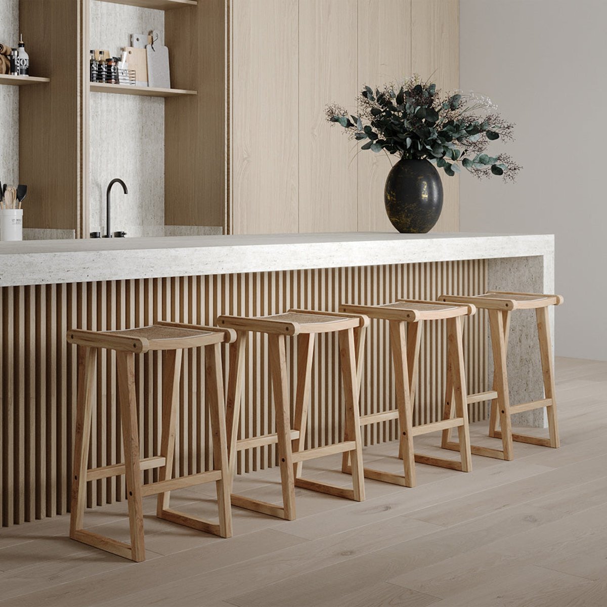Tabouret pour îlot central 66 cm en teck et rotin - HAIDA naturel, MAISON PAVANE