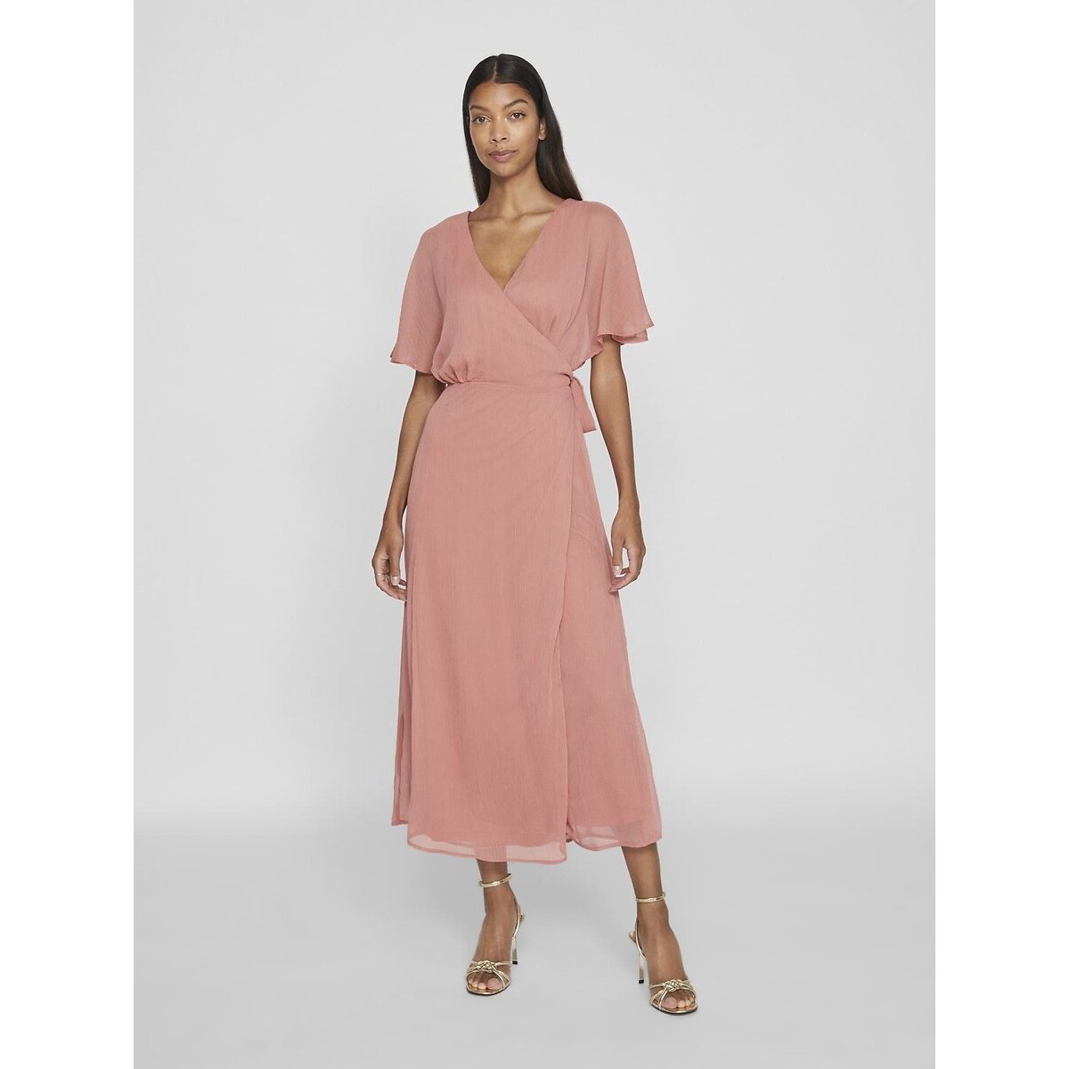 Short Sleeve Wrapover Dress coral pink, VILA