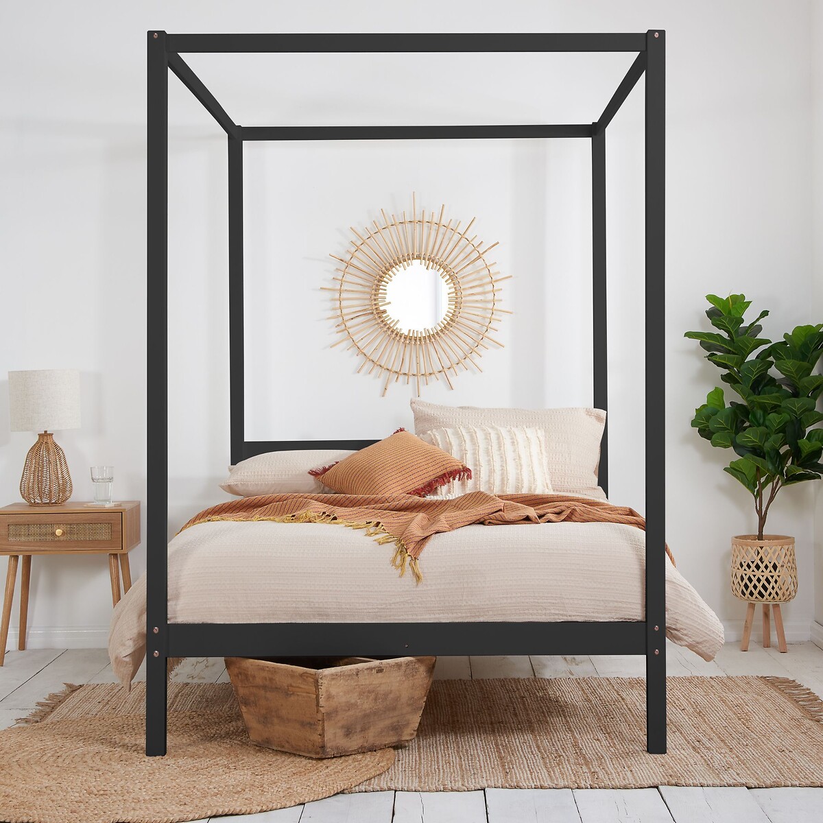 Mika Four Poster Bed with Slatted Headboard black, SO'HOME