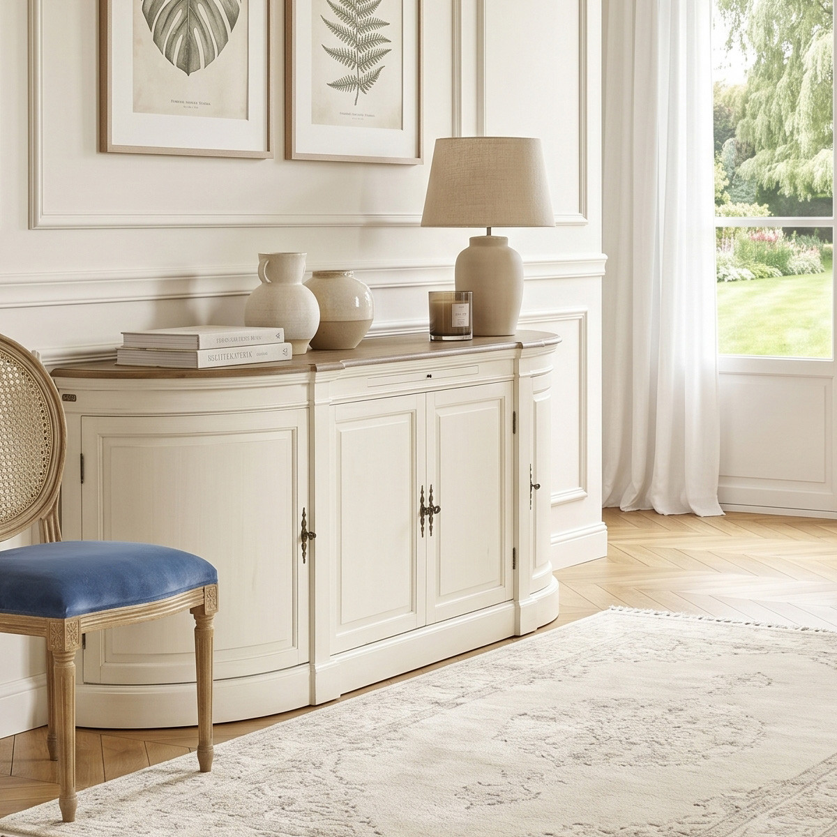 Buffet style shabby chic en bois, 4 portes JOSEPHINE blanc, ROBIN DES BOIS