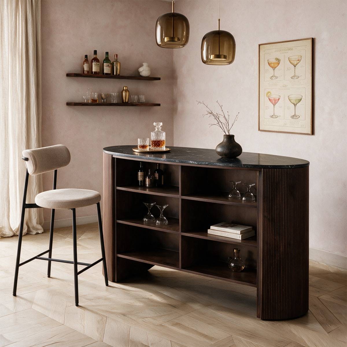Meuble bar en bois de manguier et en marbre NÉRALY bois foncé, MADE IN MEUBLES
