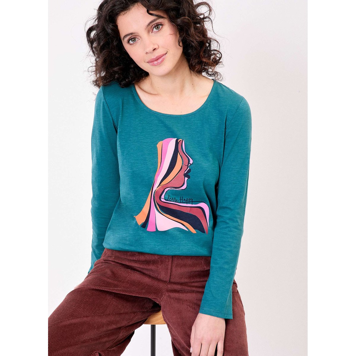 T-shirt coton flammé bio imprimé KANPUR vert mahala, LA FIANCÉE