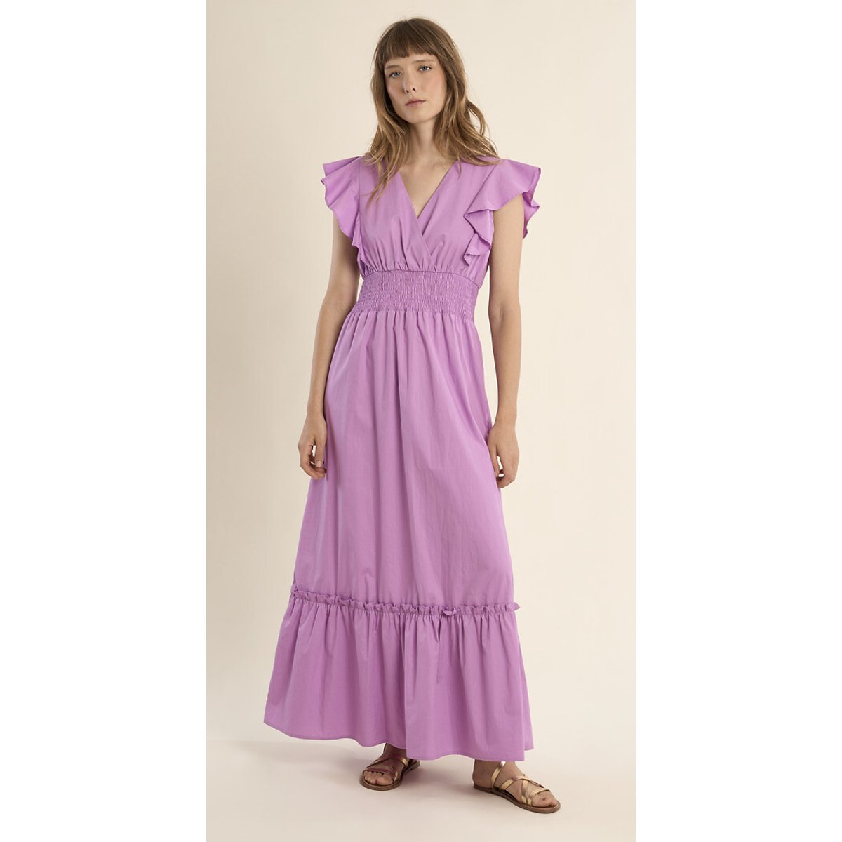 Robe longue manches courtes col V lilas, MOLLY BRACKEN