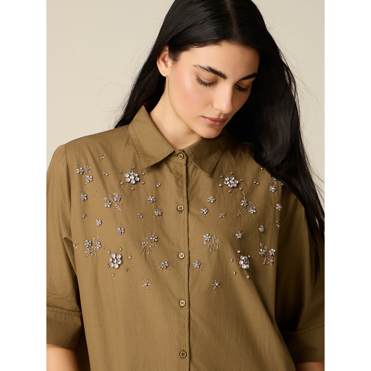 Robe chemise avec strass verde militare, OLTRE