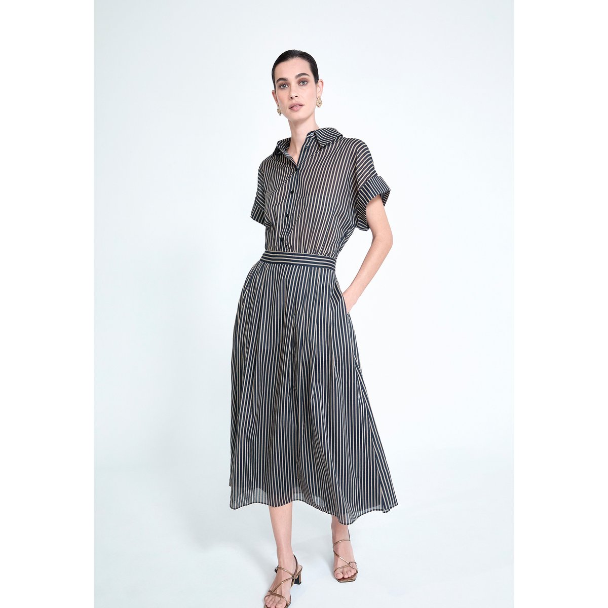 Robe midi chemise rayée à manches courtes noir, LOLA CASADEMUNT