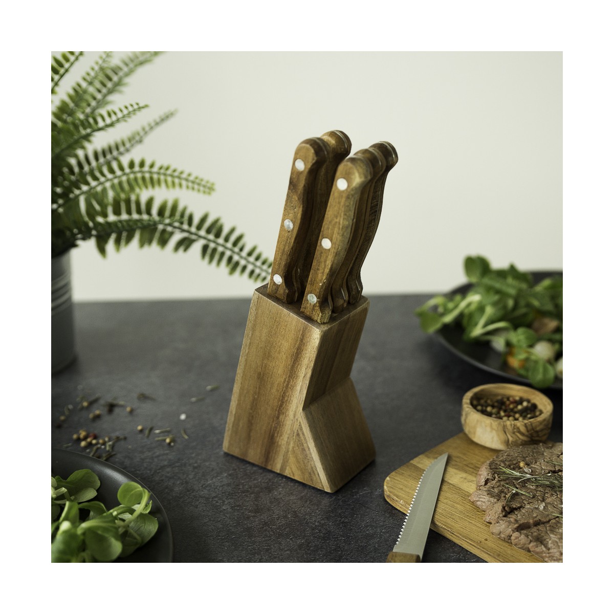 Set de 6 couteaux à steak avec support beige, LIVOO