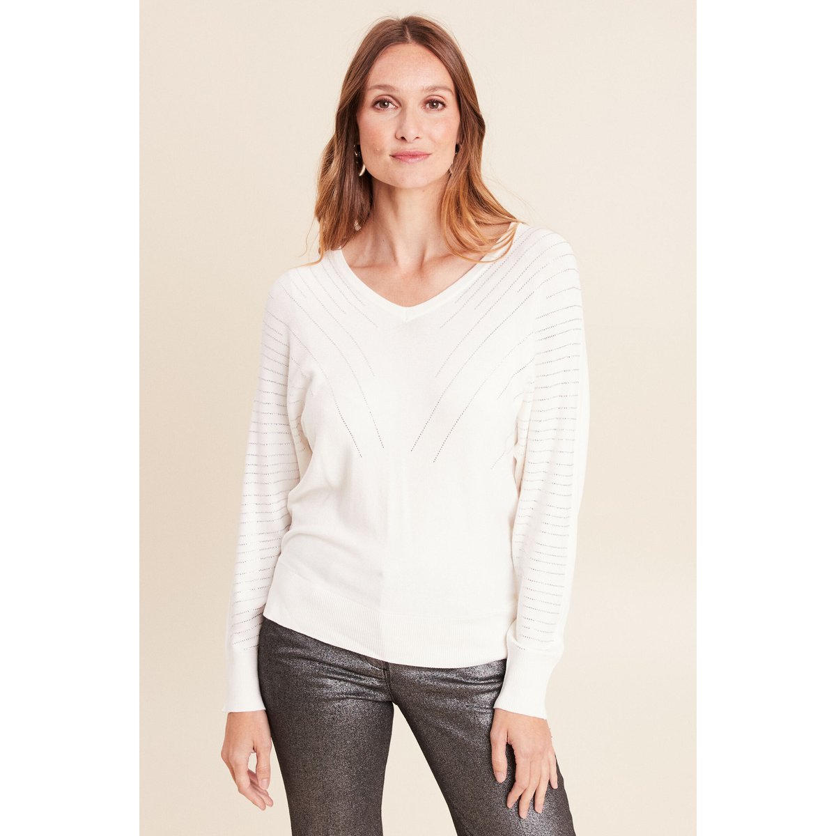 Pull ajusté col bateau strass ecru, BREAL