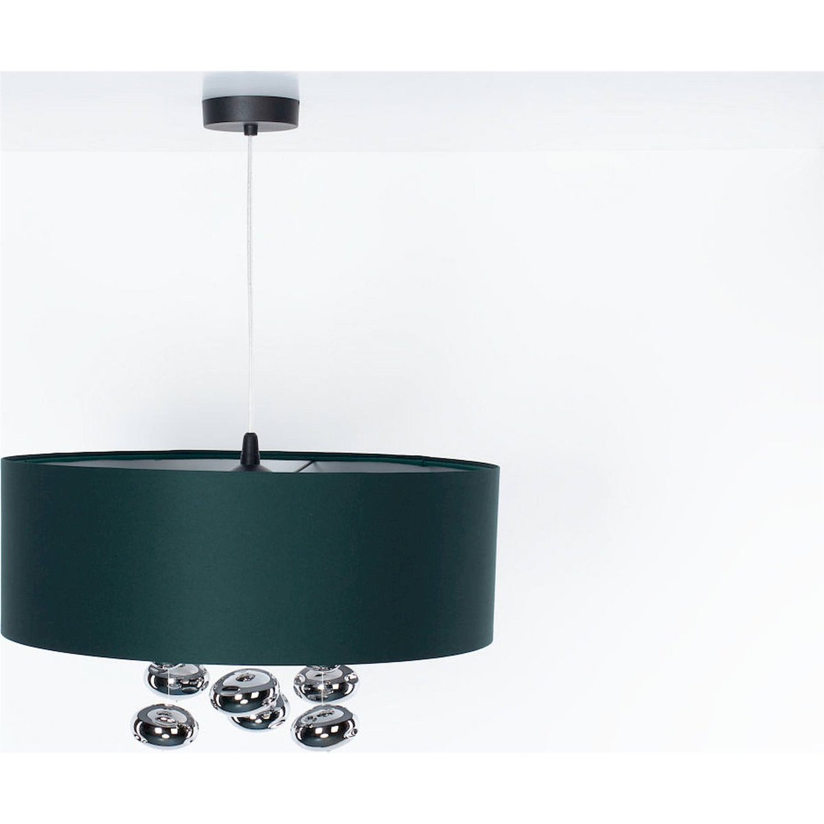 Suspension ronde en tissu avec boules argentées Bubble Light vert bouteille satin et argent mat, BPS KONCEPT