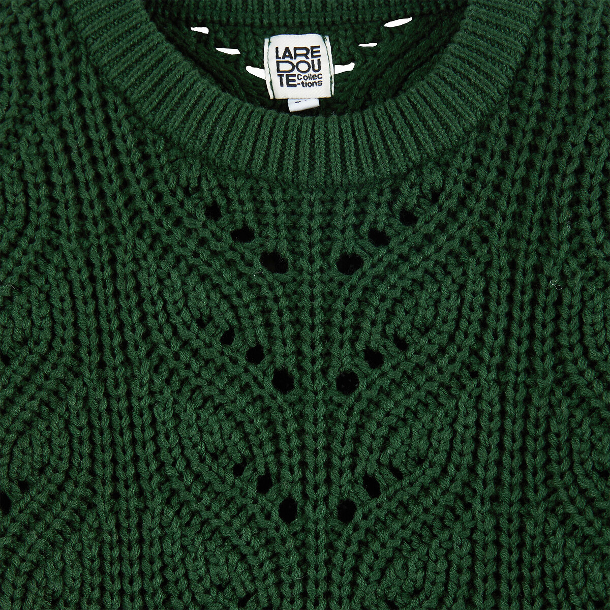 Trui met ronde hals in tricot met ajour groen , LA REDOUTE COLLECTIONS