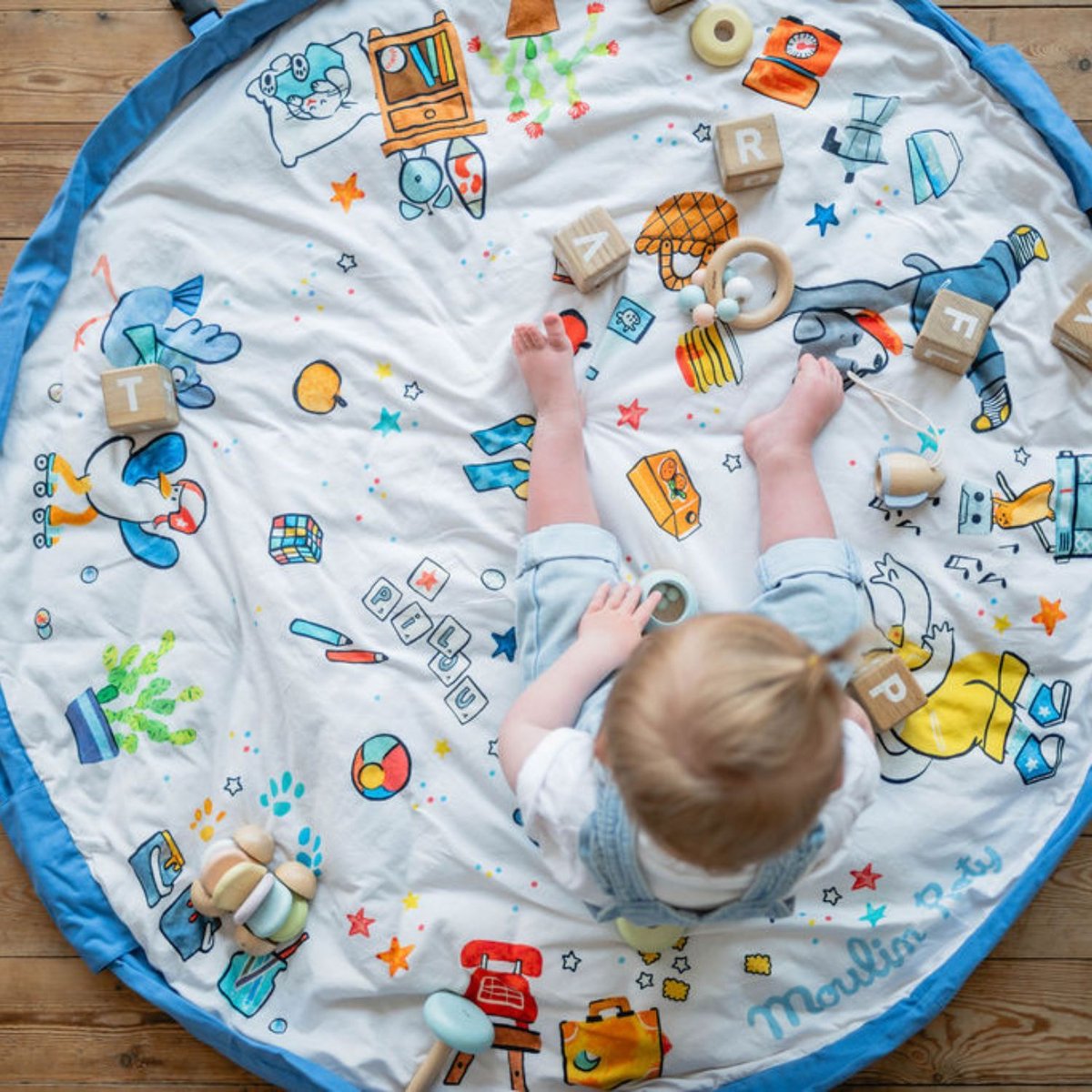 Tapis de jeu 2 en 1 Noomad Organic Soft blanc, bleu, jaune, PLAY&GO