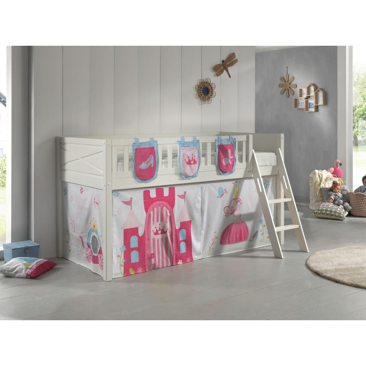 Scott Lit Mezzanine et Rideau Princess 3 Sacs Rangement couleur unique, VIPACK