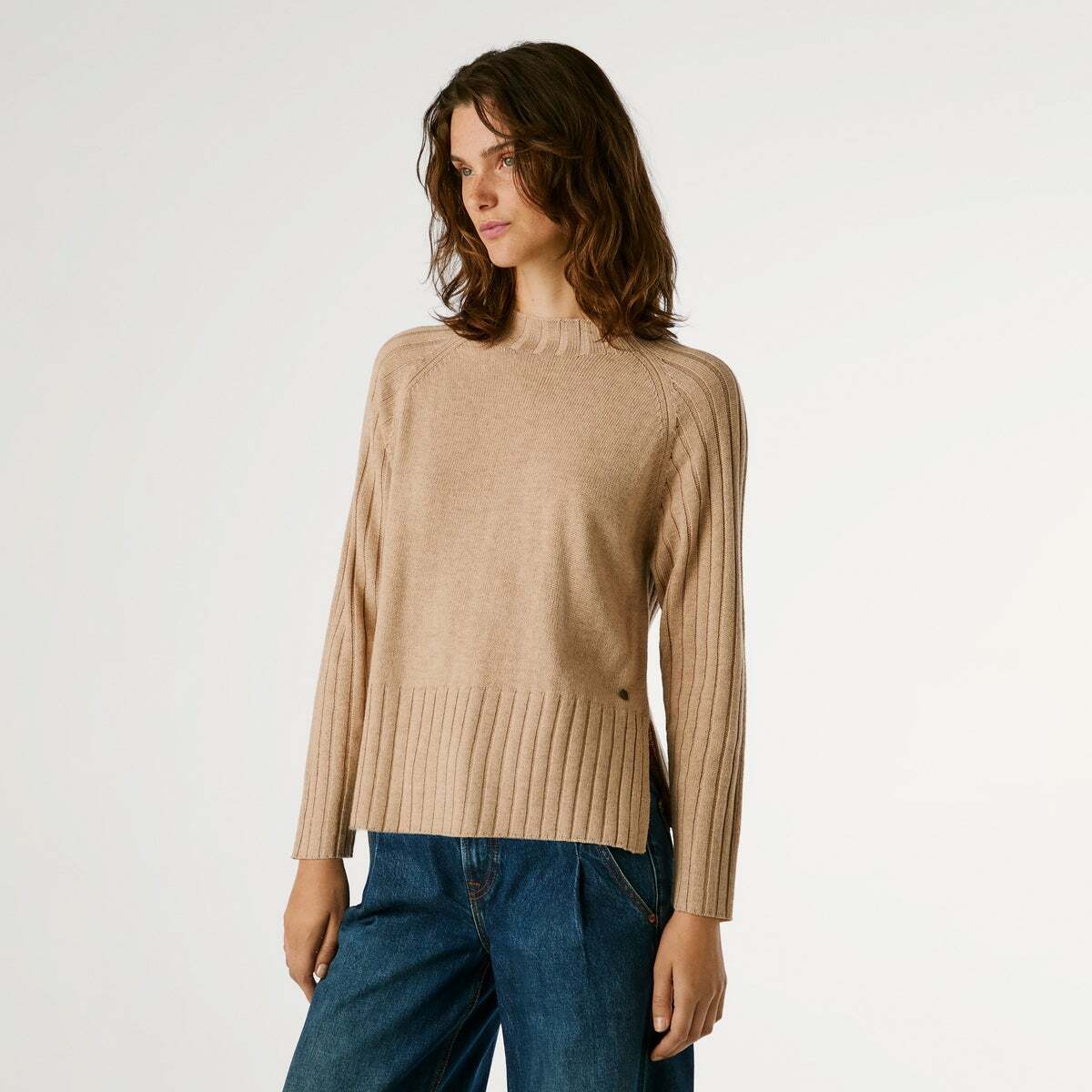 Pull À Col Côtelé En Maille beige, PEPE JEANS