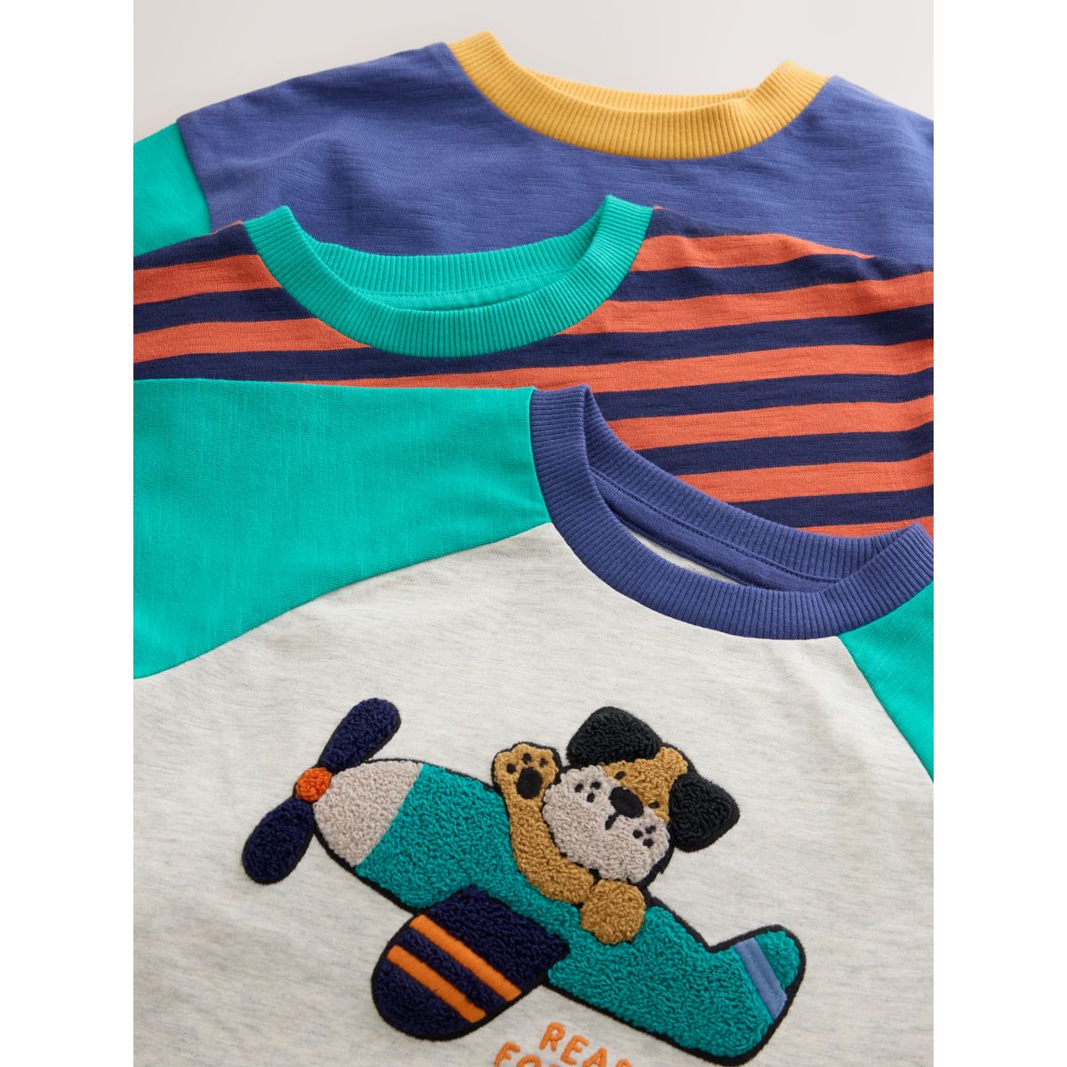 T-shirt à manches longues/appliqué, lot de 3 chien d'avion rouge/marine/vert, NEXT