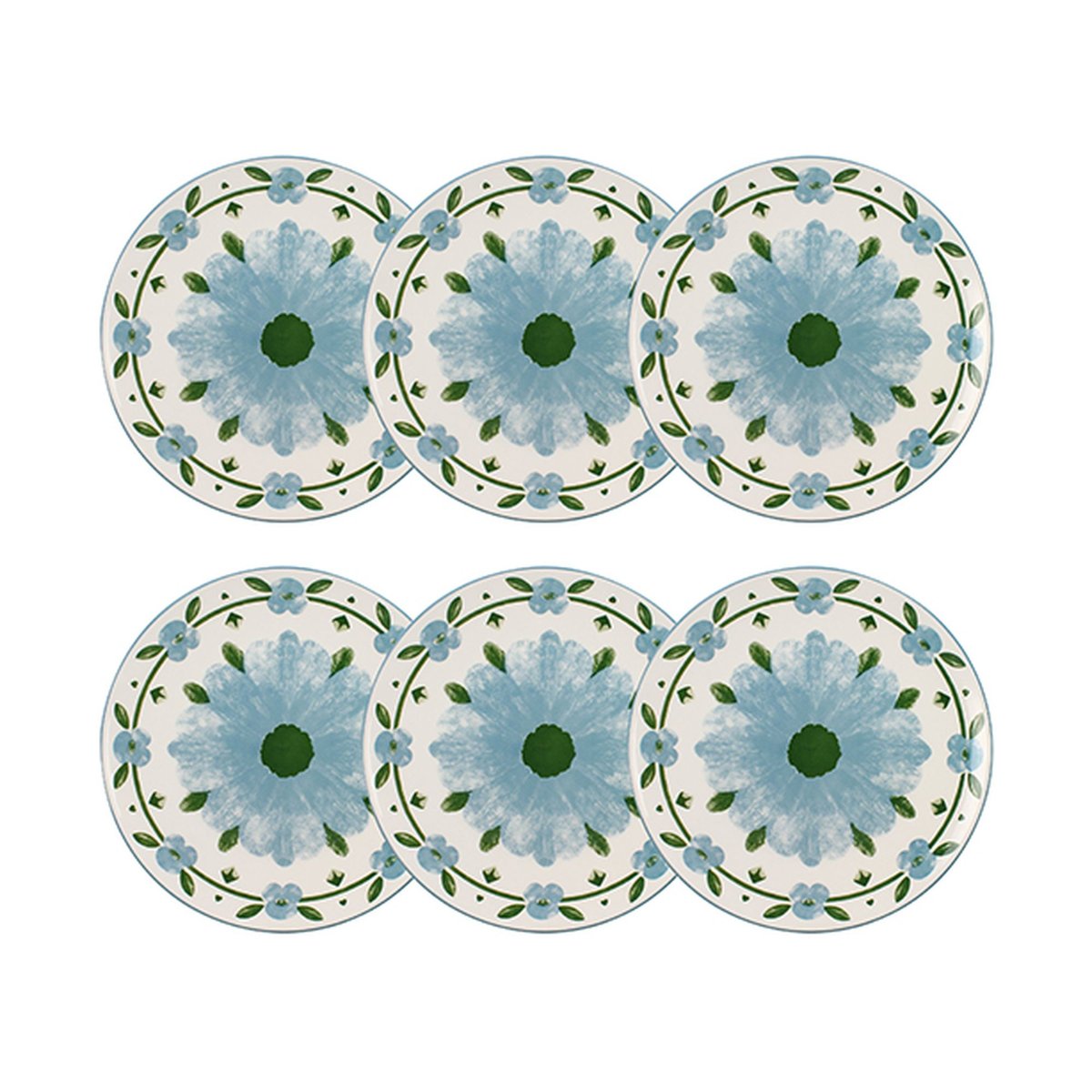 Lot de 6 assiettes plates 27cm en porcelaine, PRIMAVERA blanc et bleu, NOVASTYL