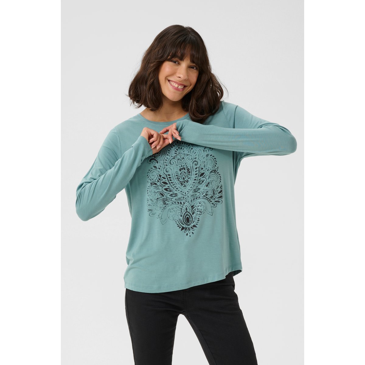 Long sleeved T-shirt vert motif devant trellis, KAFFE