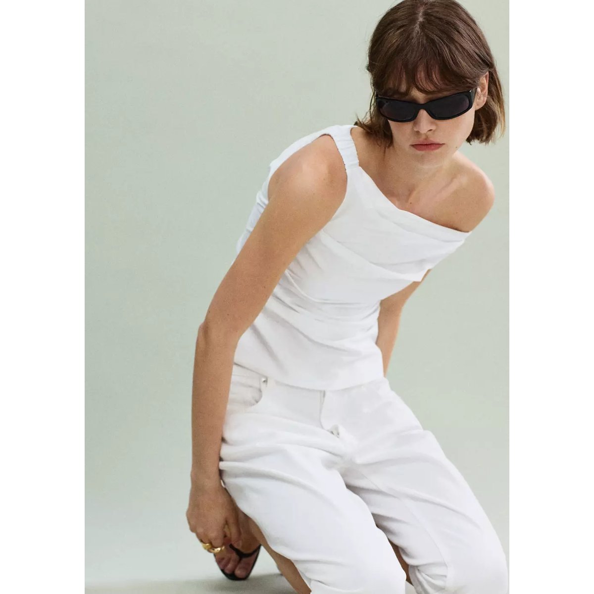 Top en coton drapé blanc cassé, MANGO