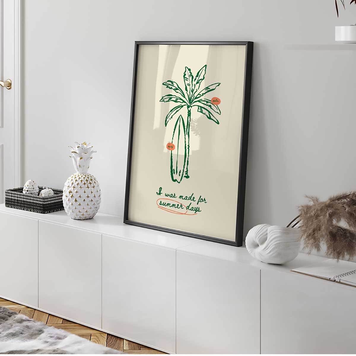 Affiche encadrée palmier surf summer affiche + cadre en métal - noir, HEXOA