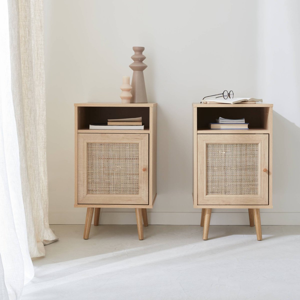 Table de chevet scandinave en cannage 1 porte (lot de 2) BOHÈME naturel, SWEEEK