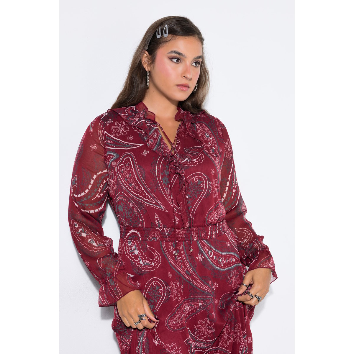 Robe midi, coupe trapèze, mousseline rouge vin, STUDIO UNTOLD