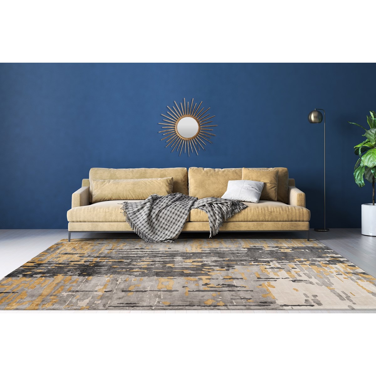 Tapis salon et chambre moderne tissé main BLAU jaune, NOVATREND