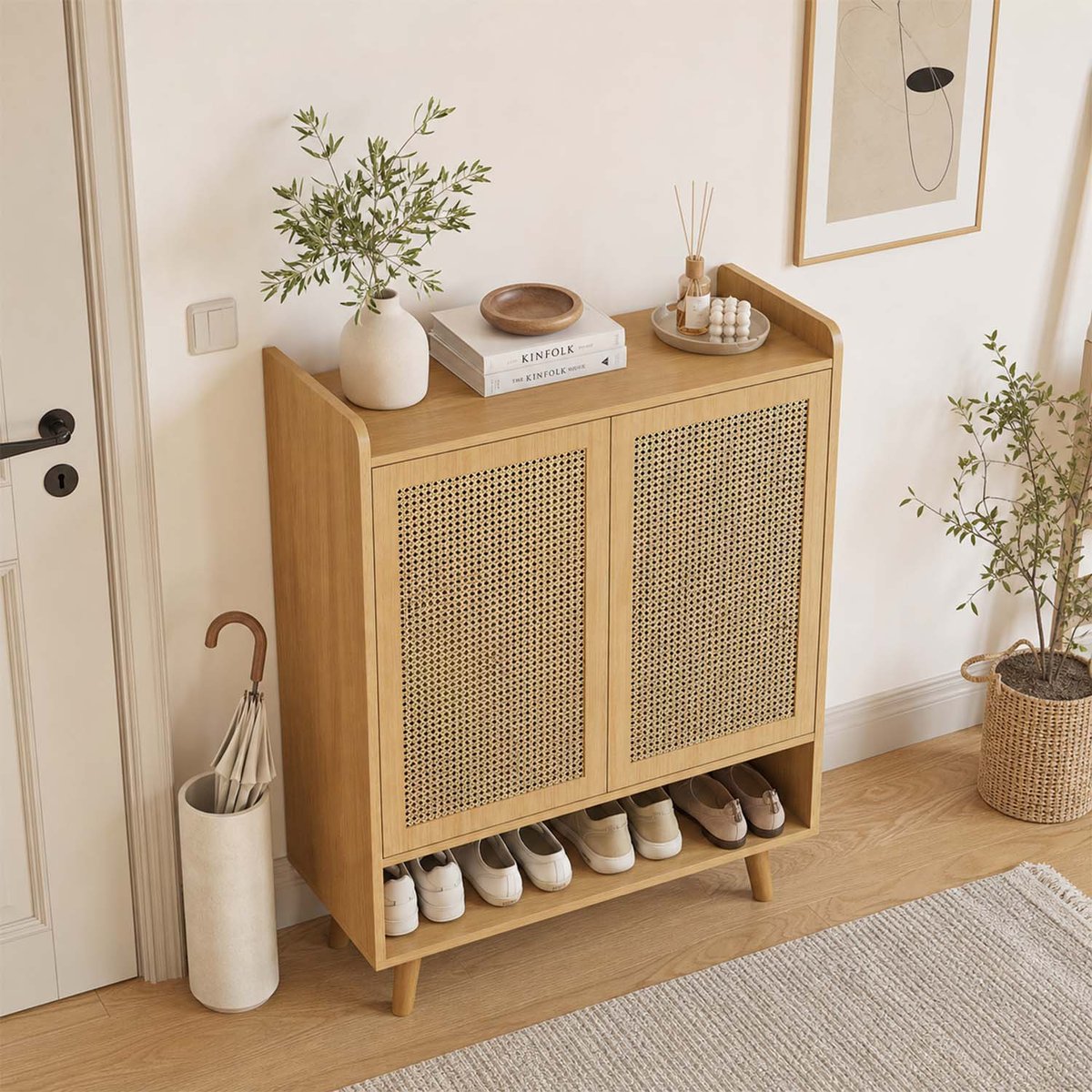 Meuble à chaussures avec cannage, MELVINE chêne, MEUBLES COSY