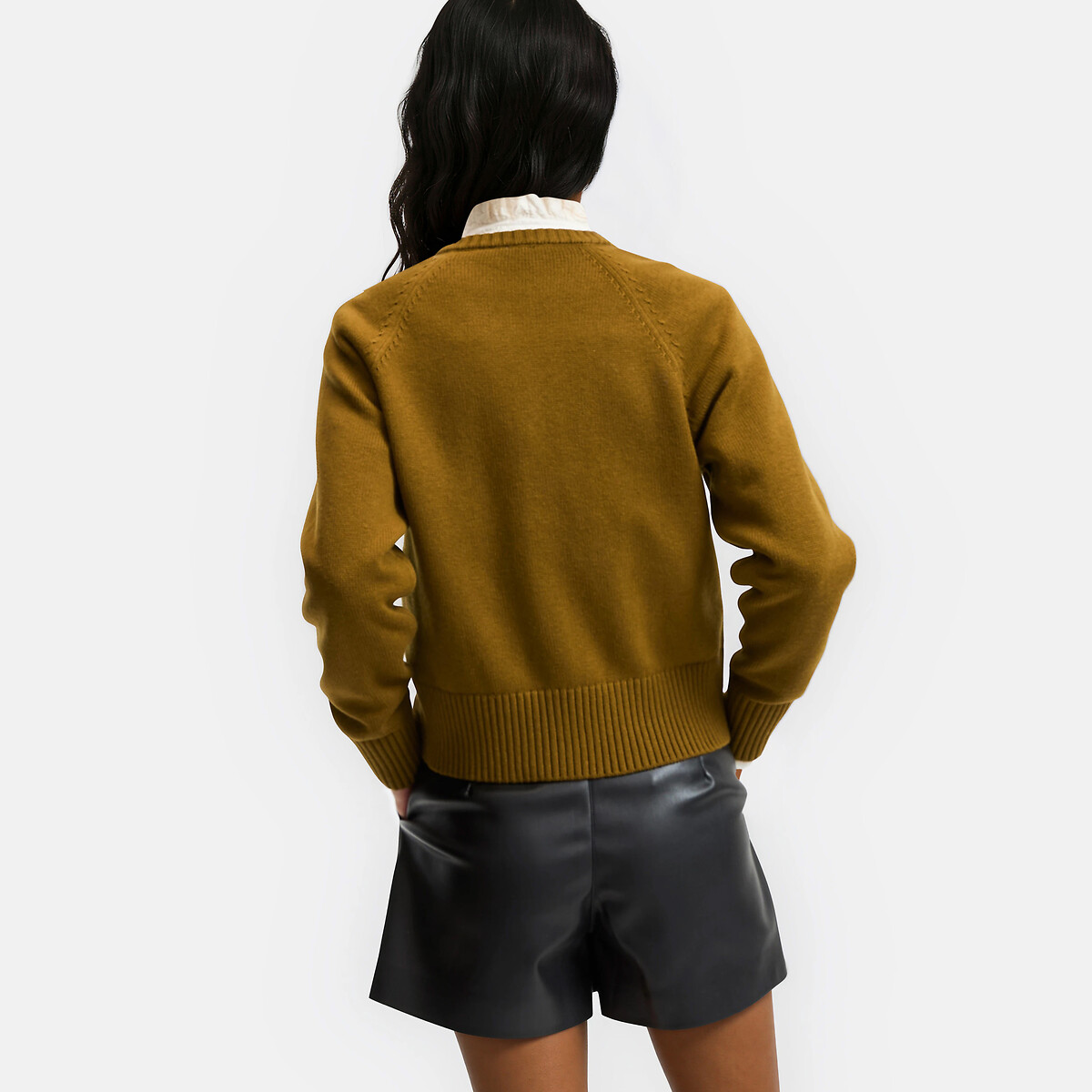 Cardigan court, col rond en laine et coton mélangés vert bronze, LA REDOUTE COLLECTIONS