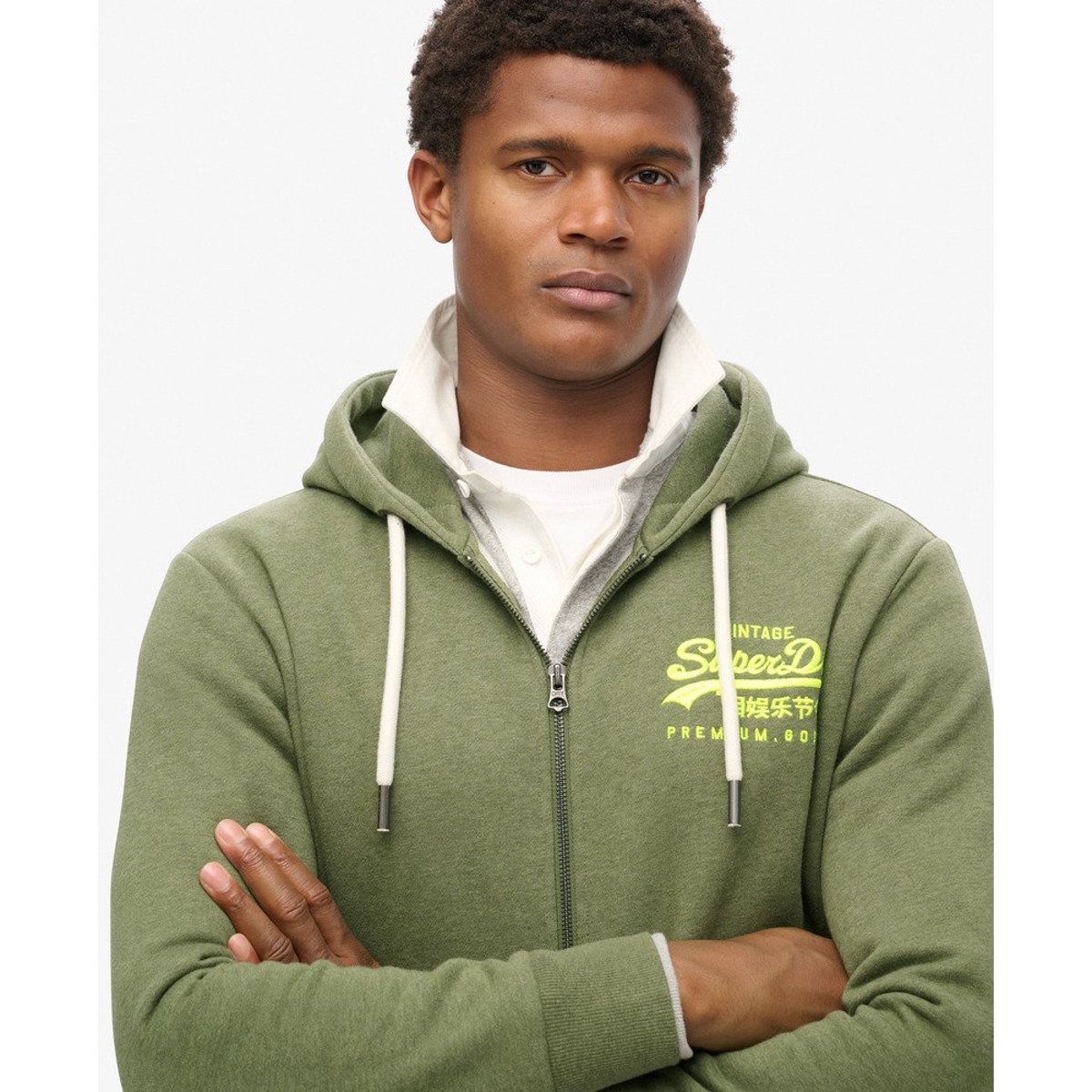 Sweat à capuche zippé à motif Neon Vintage Logo vert olive doux chiné, SUPERDRY