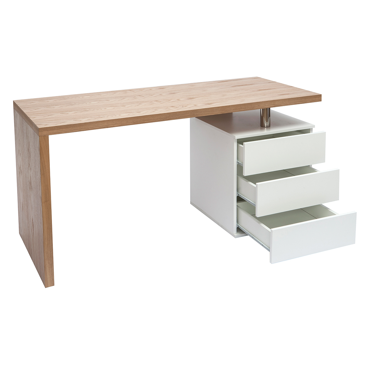 Bureau avec rangements 3 tiroirs design blanc laqué brillant L140 cm CALIX chêne clair, MILIBOO