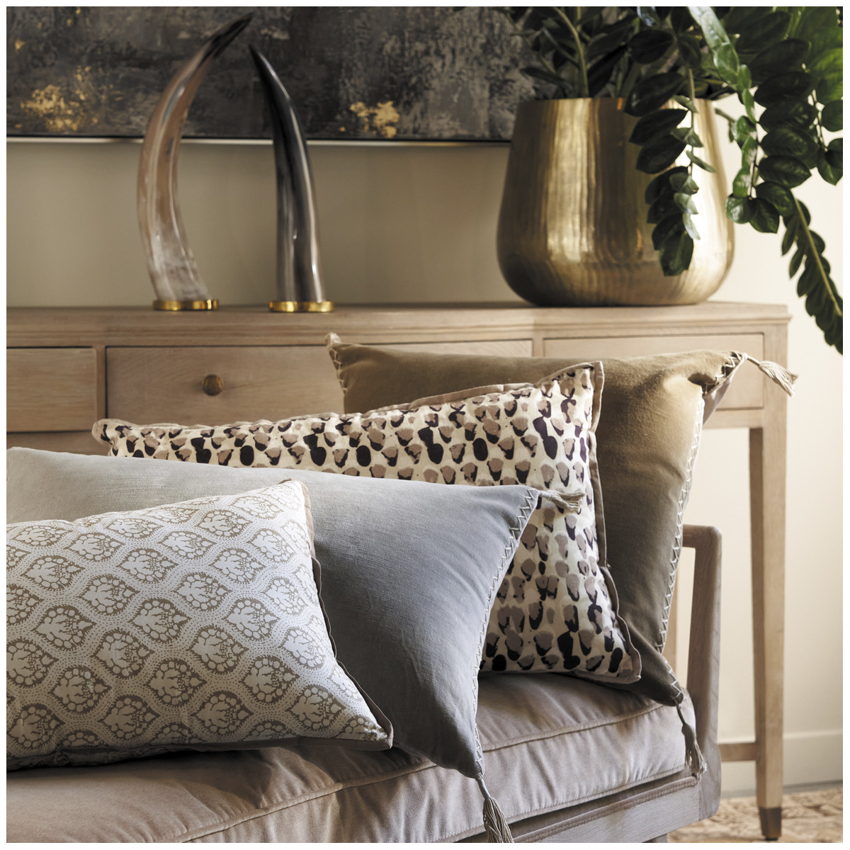 Housse de coussin en velours de coton gris, BLANC D’IVOIRE