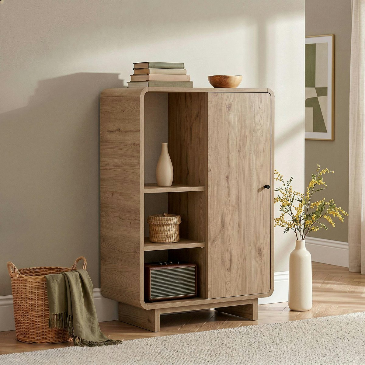 Buffet étagère moderne en bois, 1 porte MARFA chêne, PIER IMPORT
