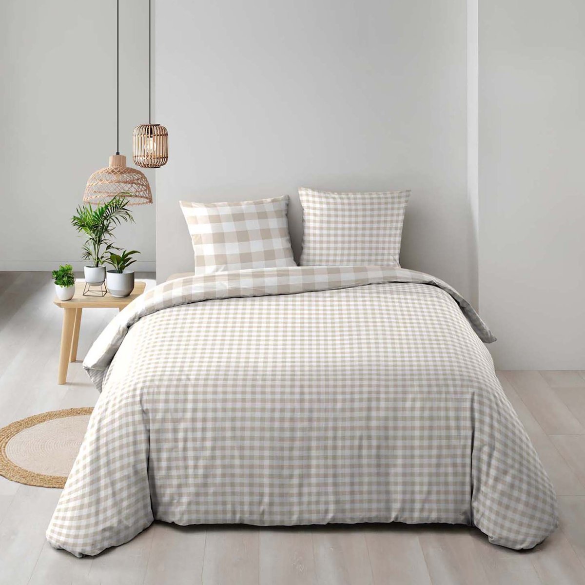 Parure de lit 3 pièces en coton à carreaux housse + taies naturel, DOUCEUR D'INTÉRIEUR