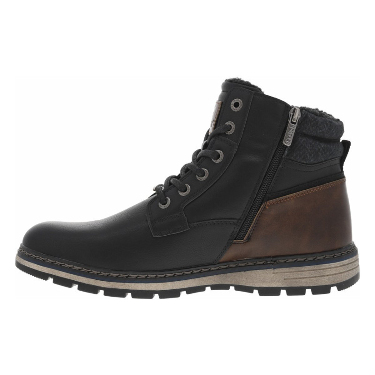 Bottines noires à talon plat pourvues d'une fermeture zippée et de lacets noires, MUSTANG