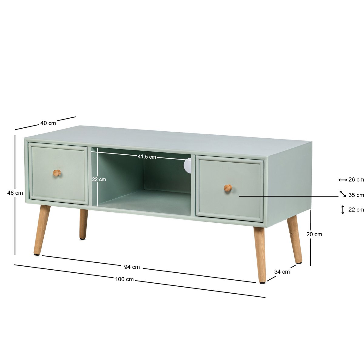 Meuble TV 2 tiroirs, bois, AKITA vert menthe, NORDLYS