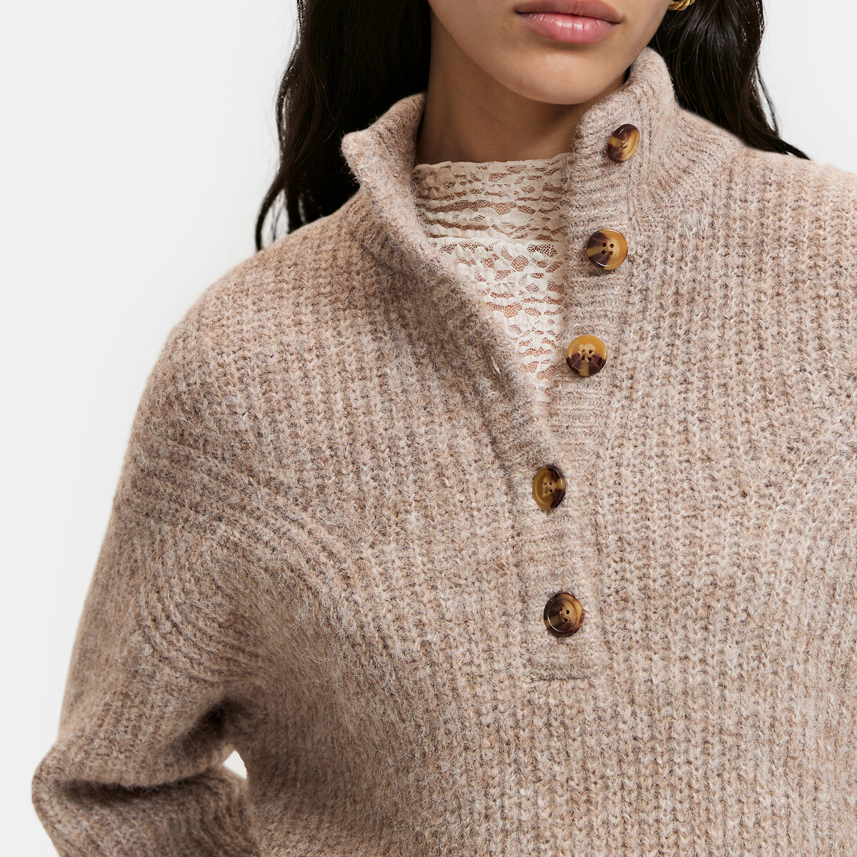 Pull à col montant boutonné beige, LA REDOUTE COLLECTIONS