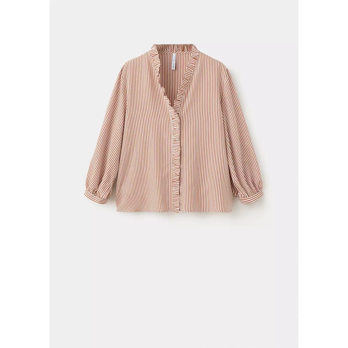 Blouse rayée avec détail à volant marron, MANGO