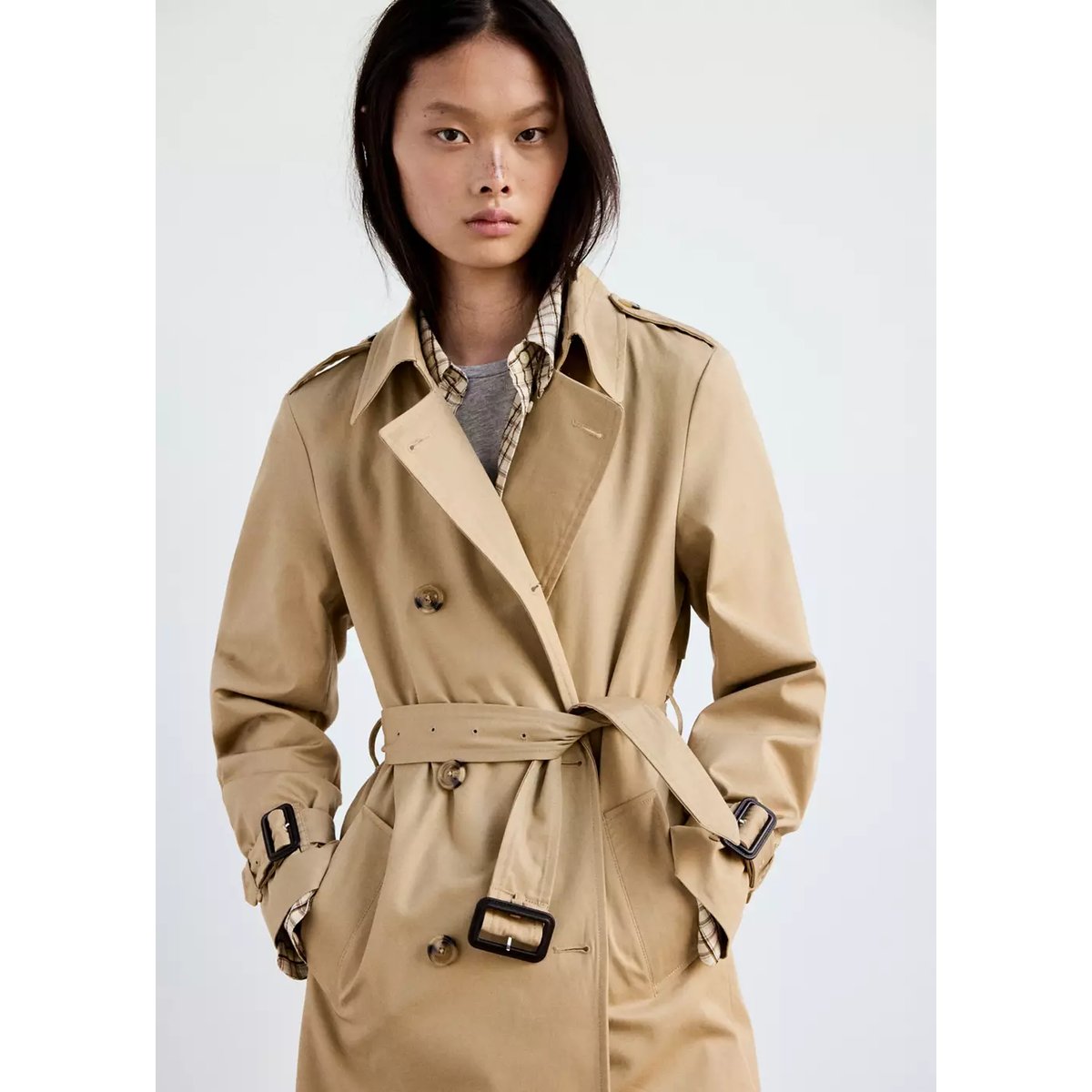Trench long ceinture beige, MANGO