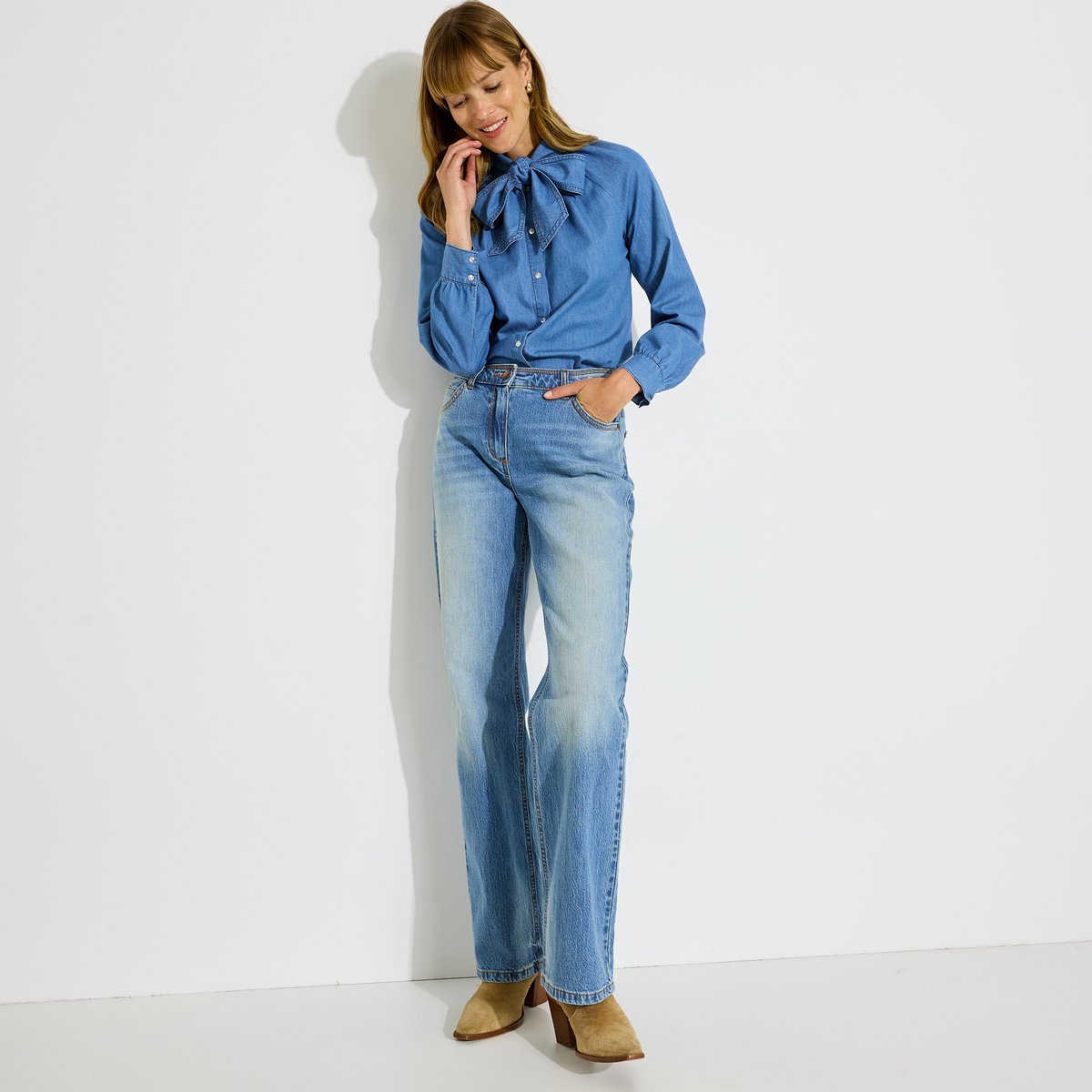 Chemisier denim col lavallière bleu light stone, GRAIN DE MALICE