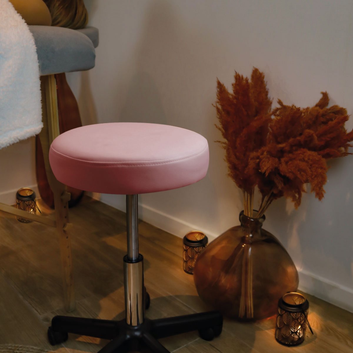 Tabouret rond à roulettes rose pastel, VIVEZEN