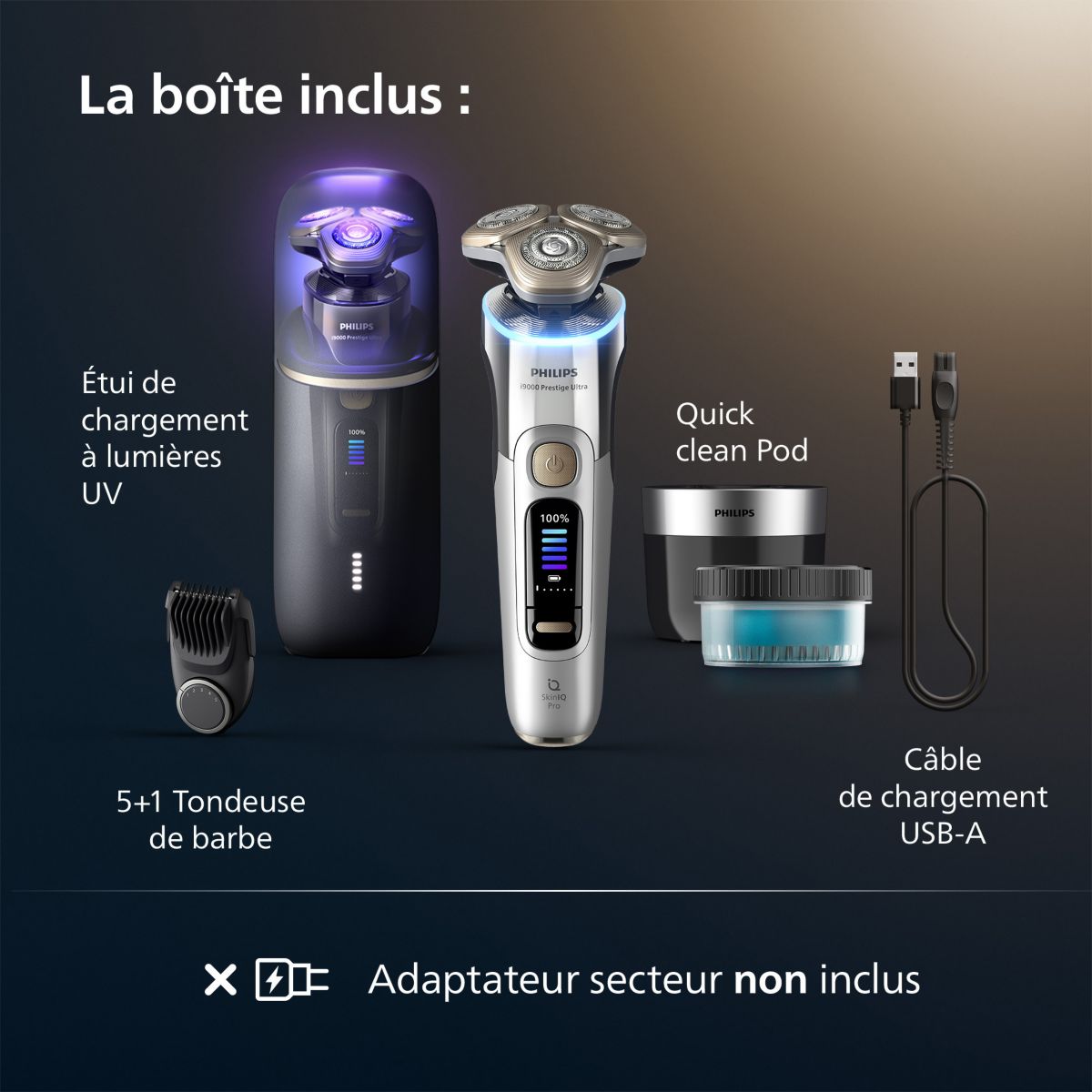 Rasoir électrique XP9404/46 Serie i9000 prestige ultra 100 % étanche avec Skin IQ et boitier de recharge UV couleur unique, PHILIPS