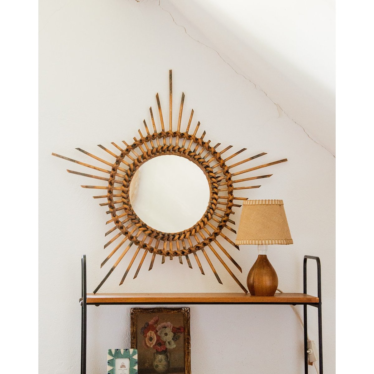 Miroir soleil en rotin Igor N°720 - Bon état bois, DEBONGOUT