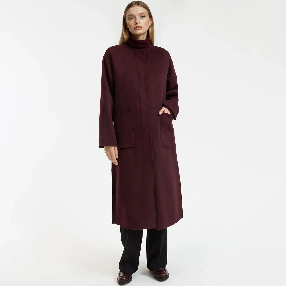 Long Buttoned Coat with Removable Scarf burgundy red, LA REDOUTE COLLECTIONS